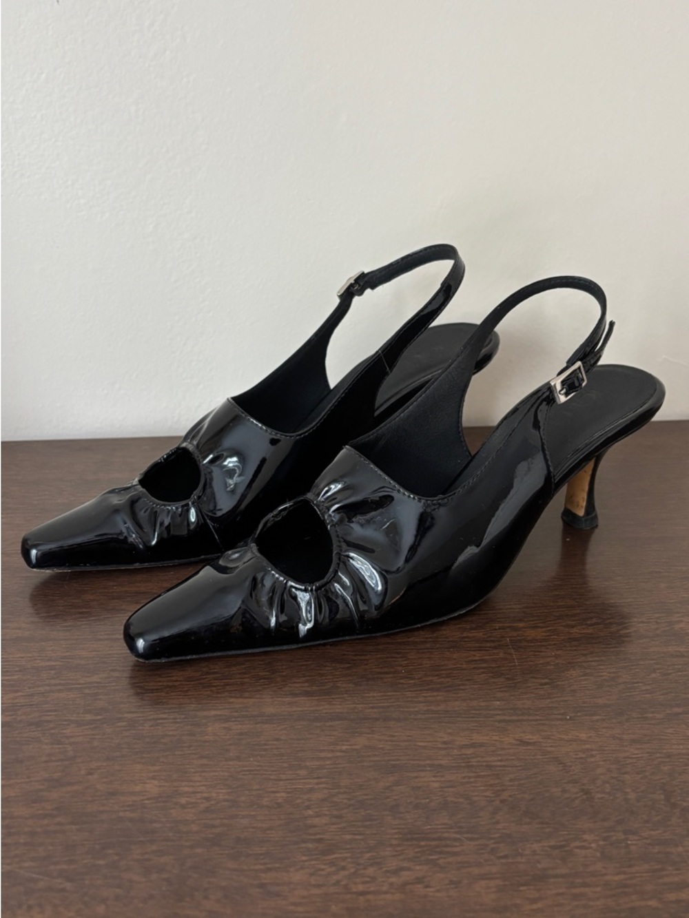 Kalda Black Patent Slingback Pointed-Toe Heels